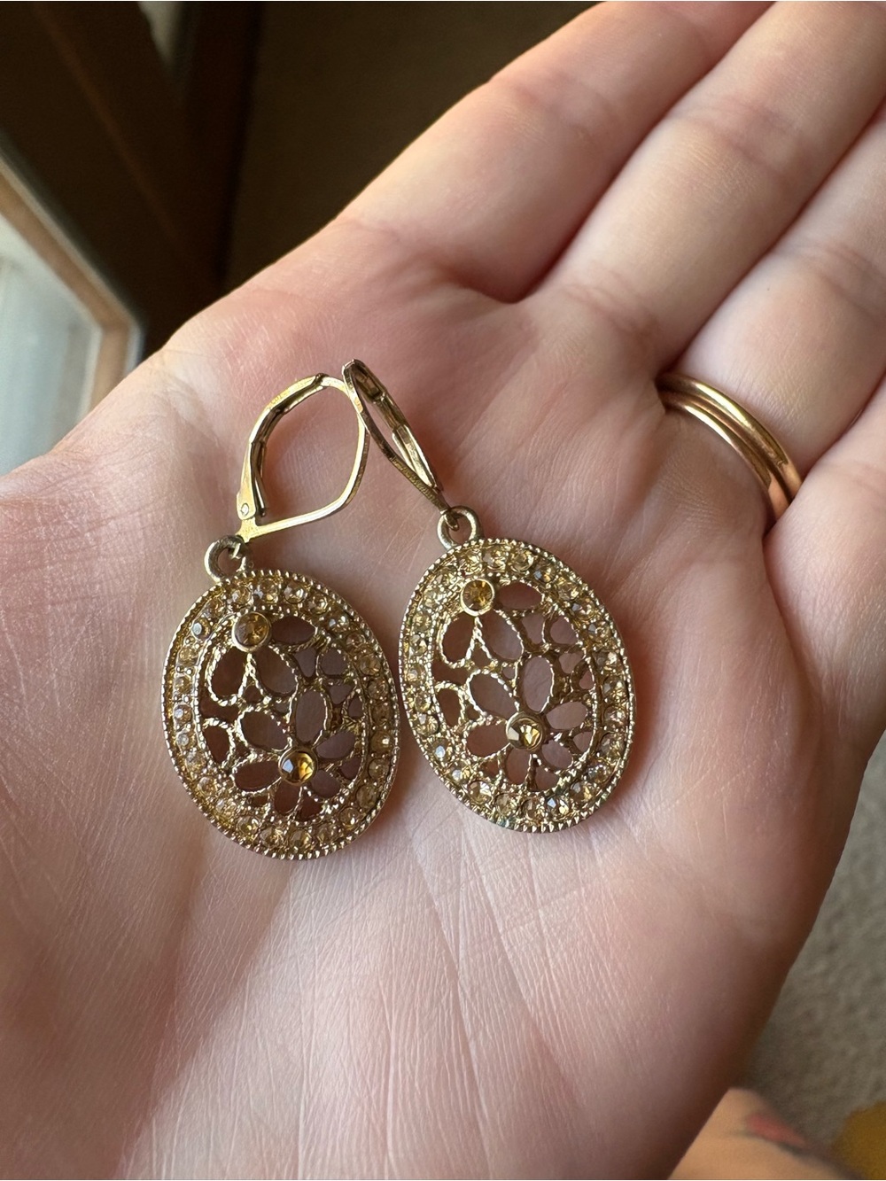 Monet Gold Filigree Oval Drop Earrings - Elegant Floral Design